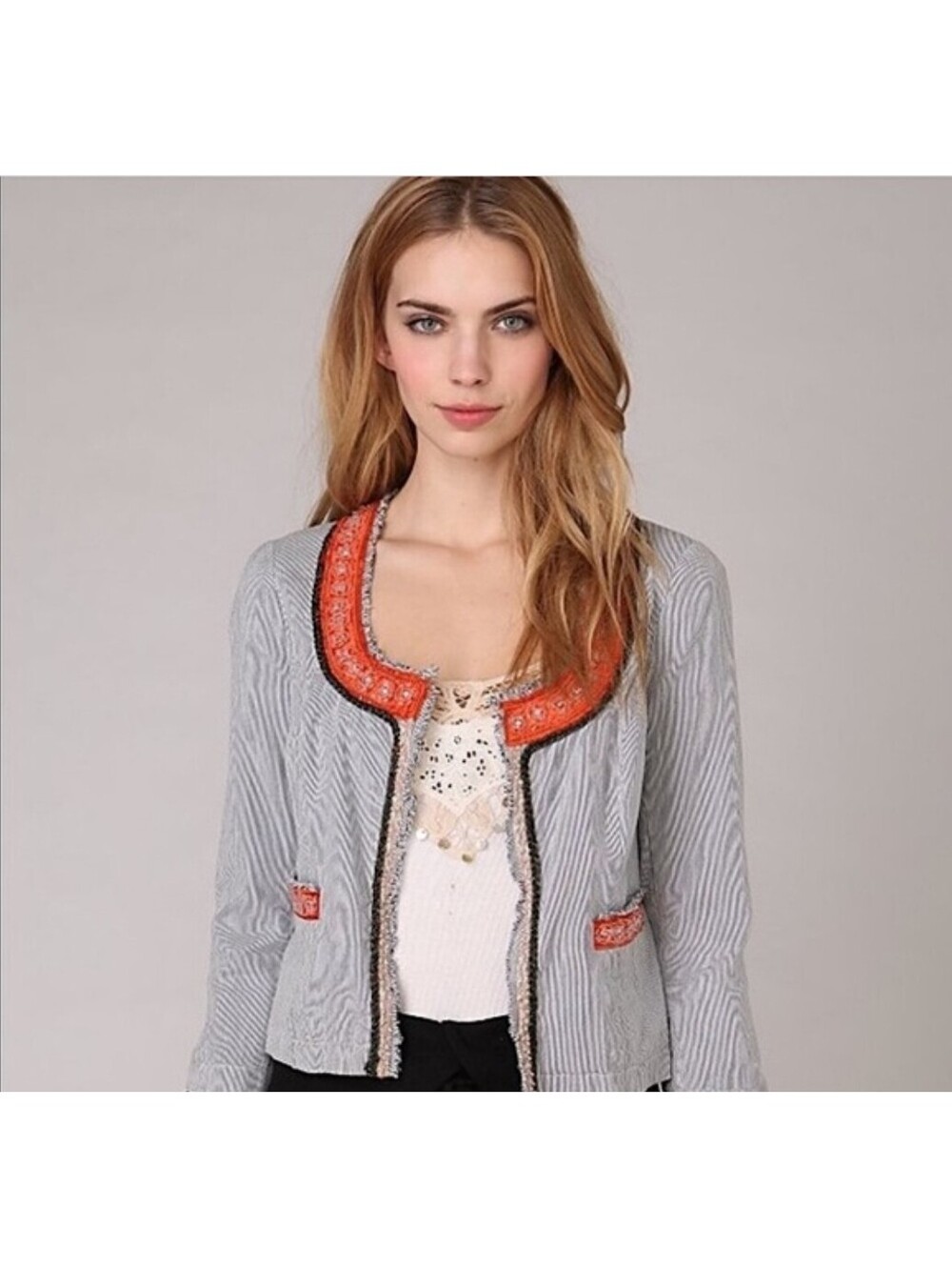 Free People My Fair Lady Cropped Jacket Womens Sz 4 S Blue Striped Beaded Frayed